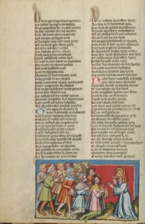 Joseph's Brothers Kneeling before Him; Weltchronik, about 1400-1410. Creator: Unknown.