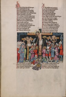 The Crucifixion with Longinus; Weltchronik, about 1400-1410. Creator: Unknown.
