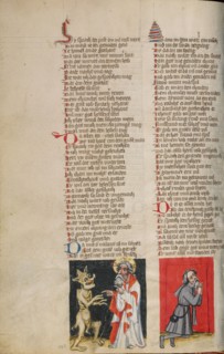 Satan before God; Job in Prayer; Weltchronik, about 1400-1410. Creator: Unknown.