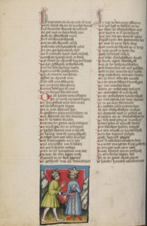 Ehud Killing Eglon; Weltchronik, about 1400-1410. Creator: Unknown.