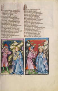 Jephtha's Daughter; Jephtha Telling His Daughter about His Oath; Weltchronik, about 1400-1410. Creator: Unknown.