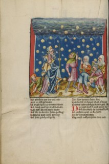 The Israelites Collecting Manna from Heaven; Weltchronik, about 1400-1410. Creator: Unknown.