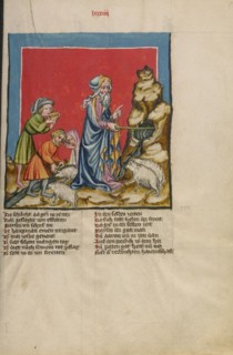 Moses Striking Water from the Rock; Weltchronik, about 1400-1410. Creator: Unknown.