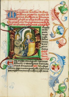 Initial P: The Annunciation; Prayer Book, about 1470-1480. Creator: Workshop of Valentine Noh.
