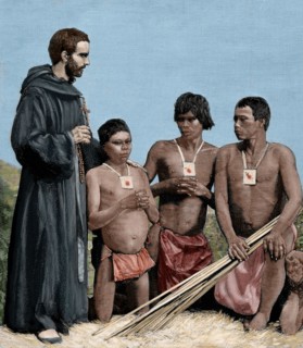 Augustinian Recollect friar converting Guahibo Indians, Spanish Mission, Colombia, 1887.  Creator: Unknown.