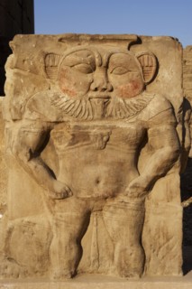 Relief of the god Bes, capital of column, Temple of Hathor, Dendera, Egypt, 2003. Creator: LTL.