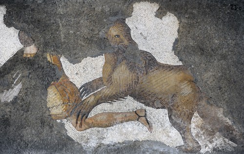Attack of a brown bear, detail from mosaic...Great Palace of Constantinople, 4th-6th century. Creator: Unknown.