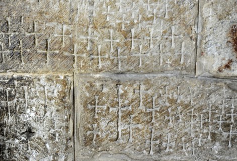 Crusader graffiti on the walls of the stairs leading to the Chapel of Saint Helena. Creator: Unknown.