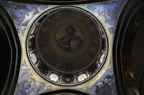 Mosaic of Christ Pantocrator, Basilica of the Holy Sepulchre,Jerusalem, Israel, 2014.  Creator: LTL.