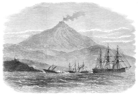 H.M.S. Caledonia and two steamers attempting to tow H.M.S. Psyche...,Sicily, 1871. Creator: Unknown.