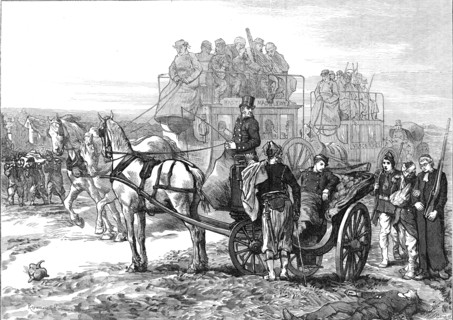 Private and public carriages used for the ambulance service outside Paris, 1871. Creator: William James Palmer.