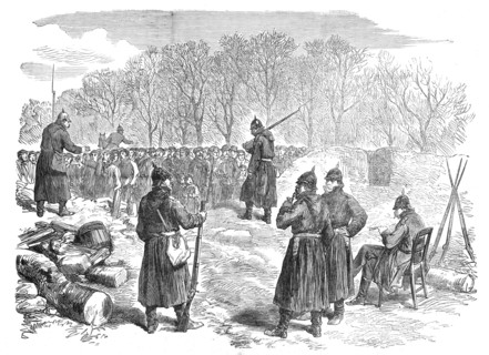 Prussian barricade on the Rueil road: French peasants waiting to pass to their villages, 1871. Creator: Unknown.