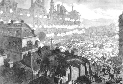 The Red Republican insurgents attacking the Hotel de Ville, Paris, 1871. Creator: Unknown.