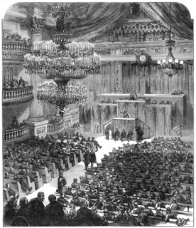 The National Assembly at Bordeaux discussing the terms of peace, 1871. Creator: Unknown.