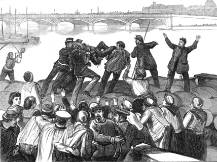 Mob of Paris rioters drowning a police agent, 1871. Creator: Unknown.