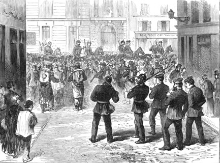 The Germans in Paris: the line of demarcation, French and Prussian sentries, rue du Colisée, 1871. Creator: Unknown.