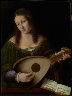 Lady Playing a Lute, about 1530. Creators: Bartolommeo Veneto, Workshop of Bartolomeo Veneto.
