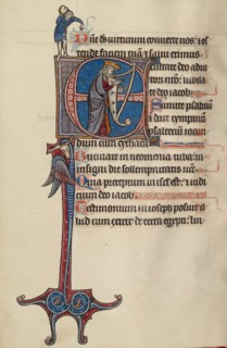 Initial E: David Playing the Harp and a Man Heaving a Rock, text and illumination about 1285. Creator: Bute Master.