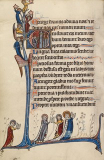 Initial E: David Playing the Harp; Bute Psalter, text and illumination about 1285. Creator: Bute Master.