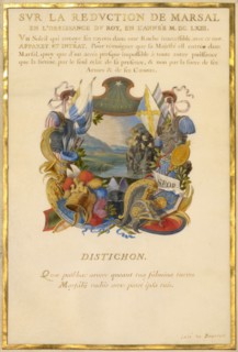Escutcheon with a Landscape; Nine Emblems for Louis XIV, about 1663-1668. Creator: Jacques Bailly.