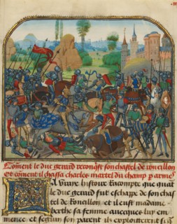 The Battle before Roussillon's Castle, written 1463-465; illuminated 1467-1472. Creators: Loyset Liedet, Pol Fruit.