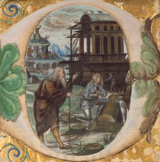 Initial D: Noah Directing the Construction of the Ark; Antiphonal, about 1495-1510. Creator: Master B.F..