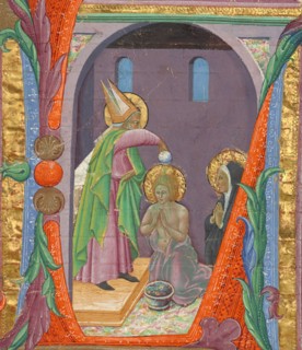 Saint Ambrose baptising Saint Augustine, Cutting from a Choir Book, about 1430.  Creator: Master of the Osservanza Triptych.