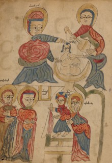Bathing the Christ Child and The Presentation in the Temple; Gospel Book, 1386. Creator: Unknown.