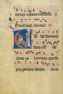 Initial V: The Raising of Drusiana; Antiphonal, late 13th century. Creator: Unknown.