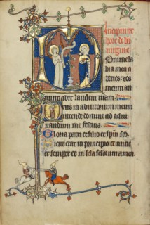 Initial D: The Annunciation; Initial D: A Young Man Praying to Christ in the Clouds, about 1300. Creator: Unknown.