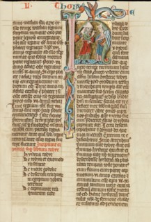 Initial H: Tobias Speaking to a Young Man; Historia Scholastica, about 1300. Creator: Unknown.