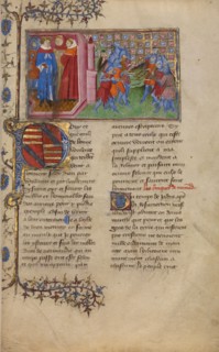 The King of Denmark with Clerics and a Battle Scene; Chronique de Normandie, about 1400-1415. Creator: Unknown.