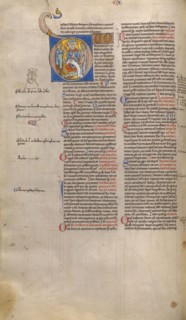 Initial D: A Bishop Enthroned with Two Plaintiffs; Decretum, about 1170-1180. Creator: Unknown.