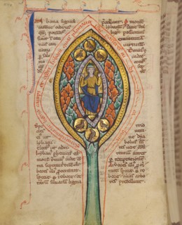 A Man Enthroned within a Mandorla in a Tree; Bestiary, about 1270. Creator: Unknown.