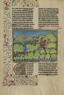 Two Hunters and a Dog; Livre de la Chasse, about 1430-1440. Creator: Unknown.