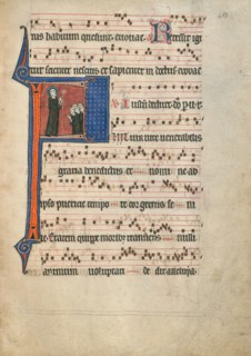 Initial F: Saint Benedict Blessing a Group of Monks; Antiphonal, about 1260-1270. Creator: Unknown.