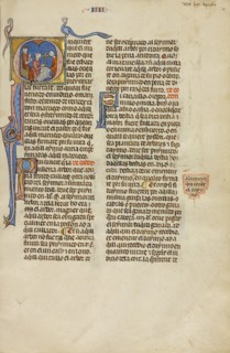 Initial Q: A Judge Pointing to Two Men with a Ram; Vidal Mayor, about 1290-1310. Creators: Unknown, Michael Lupi de Çandiu.