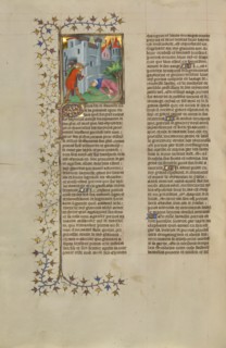 The Wounding of Pyrrhus; Des cas des nobles hommes et femmes, about 1413-1415. Creators: Boucicaut Master, Workshop of the Boucicaut Master.