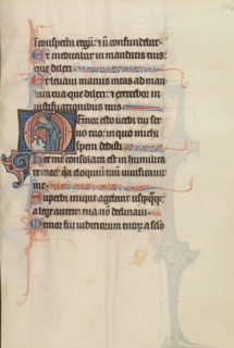 Initial M: A Man Touching a Rock and Pointing; Bute Psalter, text and illumination about 1285. Creator: Bute Master.