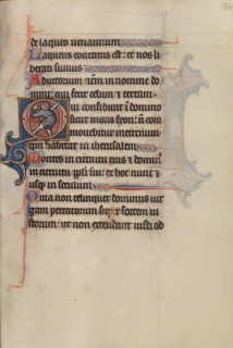Initial O: A Man Holding a Sword and Pointing to His Eyes; Bute Psalter, about 1285. Creator: Bute Master.