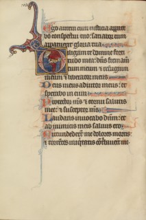 Initial D: A Youth Handing a Crown to David; Bute Psalter, text and illumination about 1285. Creator: Bute Master.