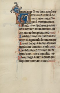 Initial V: A Seated Man Holding a Scroll; Bute Psalter, text and illumination about 1285. Creator: Bute Master.