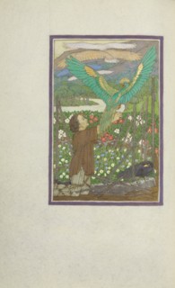 A Hunter Kneeling in a Meadow and Releasing Captive Birds; Story of a Hunter, 1908. Creator: Florence Kingsford Cockerell.