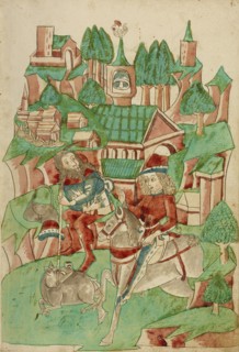 King Avenir Hunting Wild Boar; Barlaam und Josaphat, 1469. Creators: Hans Schilling, Diebolt Lauber.