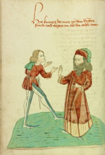 A Young Man Meeting an Older Bearded Man; Barlaam und Josaphat, 1469. Creators: Hans Schilling, Diebolt Lauber.