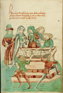 Burial Scene; Barlaam und Josaphat, 1469. Creators: Hans Schilling, Diebolt Lauber.