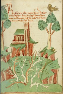 A Landscape with Trees, Thorn Bushes, and a Dove; Barlaam und Josaphat, 1469. Creators: Hans Schilling, Diebolt Lauber.