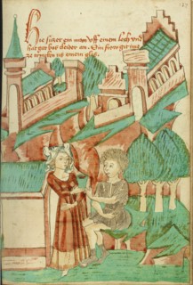 A Young Woman Giving Something to Drink to a Man in Torn Clothing; Barlaam und Josaphat, 1469. Creators: Hans Schilling, Diebolt Lauber.