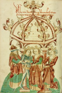 The Marriage of a Prince and Young Woman; Barlaam und Josaphat, 1469. Creators: Hans Schilling, Diebolt Lauber.