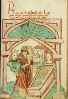 The King Showing his Son-in-Law a Chest of Silver and Gold; Barlaam und Josaphat, 1469. Creators: Hans Schilling, Diebolt Lauber.